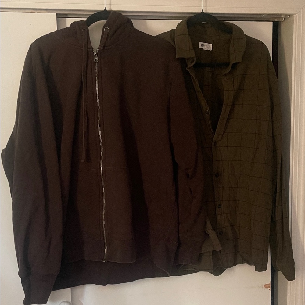 Gap XXL Zip Up Sherpa Brown Hoodie New NWOT and Army Green Flannel